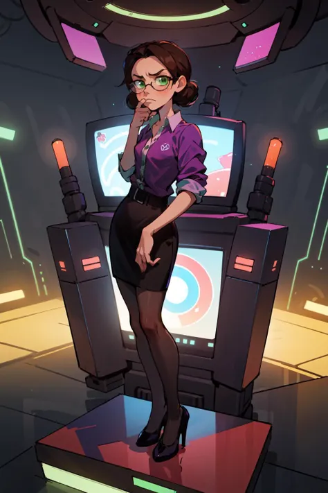 1girl,solo,miss pauling,brown hair,small breasts,full body,green eyes, glasses, purple shirt, pencil skirt, pantyhose,high heels,standing,facing to side,(stroking own chin),in futuristic observation room,scowling,<lora:misspauling-nvwls-v2:0.8>