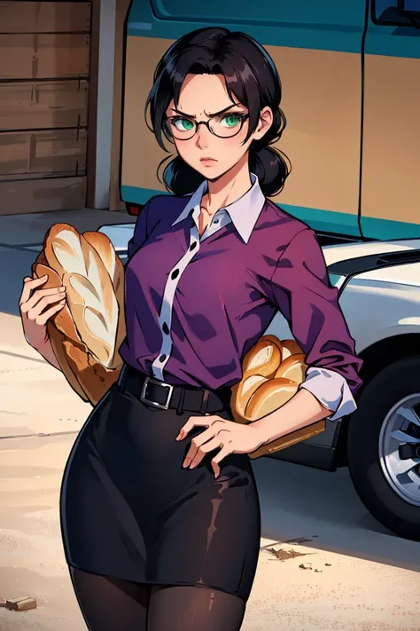 masterpiece, best quality, miss pauling, green eyes, glasses, purple shirt, pencil skirt, pantyhose, cowboy shot, looking at viewer, annoyed, furrowed brow, desert, garage, holding a loaf of bread <lora:misspauling-nvwls-v1-final:0.9>