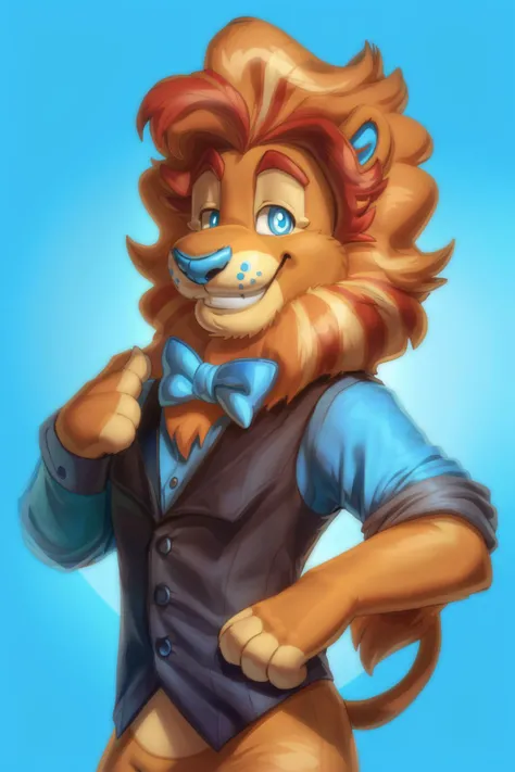 <lora:lloyd-09:1>, lloydip, blue eyes, blue nose, mane, tail, solo, (pinup), (pose), (soft shading), 4k, hi res, ((detailed face, detailed eyes)), toony, cartoon style, cartoon,  smile, vest, shirt, bow tie,