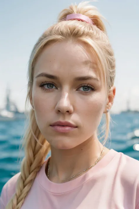 RAW, real photo portrait, madelle1, on a boat, (wearing a pink t-shirt), pretty face, insanely detailed eyes, light blonde hair, high ponytail, bokeh, natural light, depth of field, golden hour, sharp focus