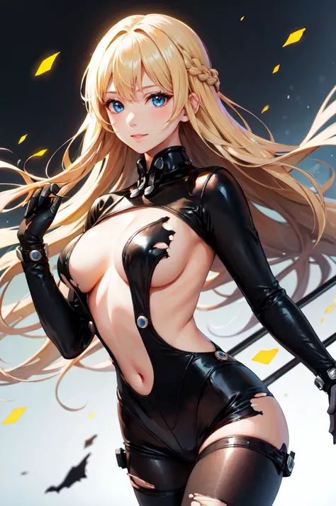 <lora:Clothes:1> torn clothes,  <lora:A_Gantz_Armor:0.65> gzrk, black bodysuit, black leotard,, ultra detailed, masterpiece, best quality, aesthetic, detailed,, solo, soft smile, light smile,
1girl, blue eyes, very long hair, blonde hair, long blonde hair,...