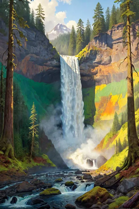 "Silver Falls State Park", Oregon, retro travel poster, vintage poster, colorful, simple, chipped, peeling, cracked, colorful, saturated, textured, luminism, ultra highly detailed, 32k, fantastic realism, complex background, dynamic lighting, highly detail...