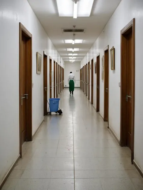 22) A lone figure walks down long empty hallway surrounded by sterile white walls filled only with artwork depicting human figures doing mundane things like washing dishes & sweeping floors - all very ordinary scenes that somehow bring this person comfort ...