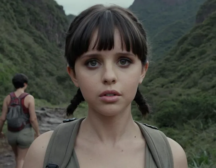 thicc Brazilian Felicity Jones, she is Hiking, Felicity Jones is Primordial, Dark hair styled as Caesar cut, key visual