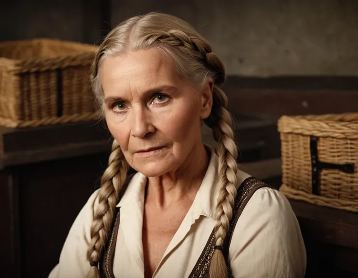 an older woman with braids sitting in front of a basket