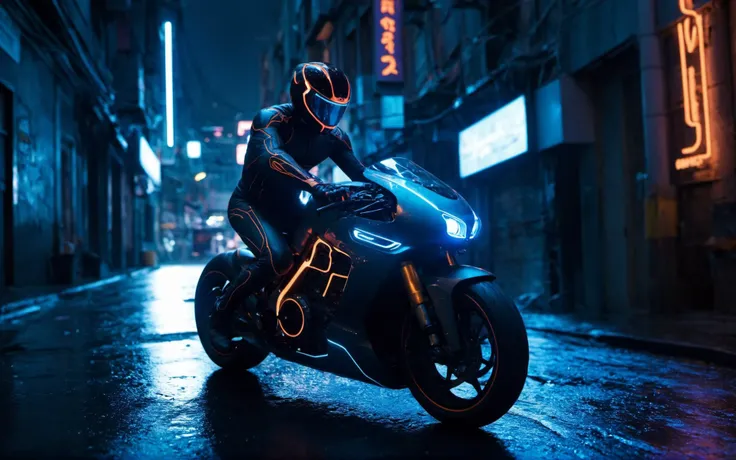 a cyan scifi sportscar futuristic concept motorcycle, (TRON rider:1.4), curvy and aerodynamic, Kowloon walled city narrow winding alleyway, light speed, flash, heavy rain, motion trail, a shining star(sun) in the background, (speed lines:1.1), (motion blur...