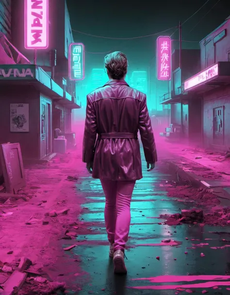 Synthwave Art, David Palumbo, Color splash, Feminine Guy Healer, Walking away from camera, portrait art by Pieter-Jansz van Asch