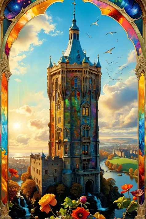 Art Nouveau Style, The Tower, major arcana tarot card, "The Tower", magical ink, magic qualities, chipped, peeling, cracked, colorful, saturated, textured, luminism, ultra highly detailed, 32k, fantastic realism, complex background, dynamic lighting, highl...