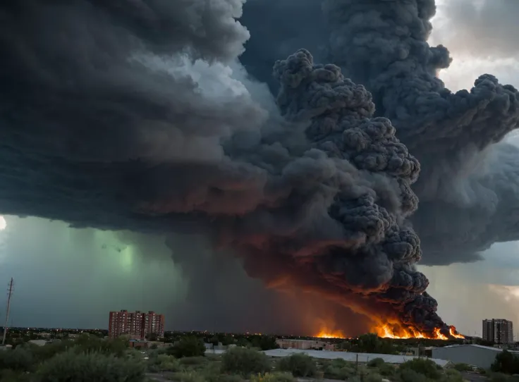 (wasteland Mega city:1.2), fires burning, rolling black clouds in the sky, grey sky,  lightening, green rain, (apocalypse:1.1),  large depth of field, deep depth of field, (8k, RAW photo, best quality, depth of field, ultra high res:1.2), intricate, photor...