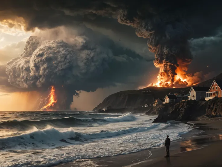 a person walking on a beach near a large plume of smoke