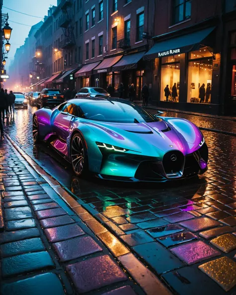 stunning night city photo, concept supercar convertible, iridescent body, smooth, curves, aerodynamic, nautilus, glossy, backlit, sunset, night time, film grain, wet cobblestone brick street winding around a corner, reflections,  blade runner edgy cyberpun...