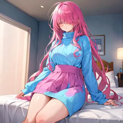 indoors, bedroom, mature female, sitting, pink hair, absurdly long hair, messy hair, narrow waist, curvy, 1girl, <lora:colorify:1>, <lora:WaistSweat5:0.8>, waist sweater dress, turtleneck, expressionless, <lora:hair_over_one_eye:1>, hair over eyes,