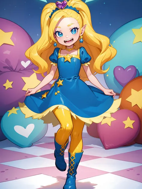 (masterpiece, best quality:1.15), 1girl, solo, fairyland, (star butterfly:1.1), from star vs the forces of evil, blue and yellow, blonde hair, heart-shaped hair ornaments, blue dress and yellow boots, blue eyes, magic