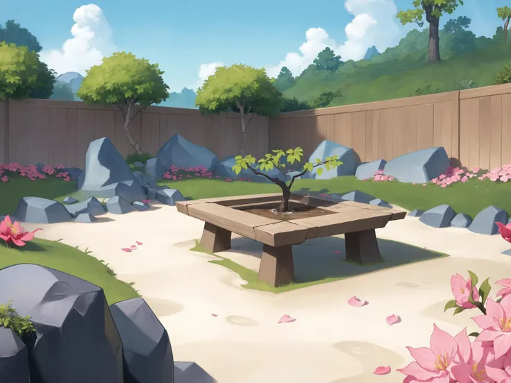 (masterpiece, best quality:1.2), (fairyland:1.2), no humans, whimsical, outdoors, japanese garden, zen garden, water, rock, sand, plant, flower, petals, serene, meditative, tranquil, minimalistic, sky