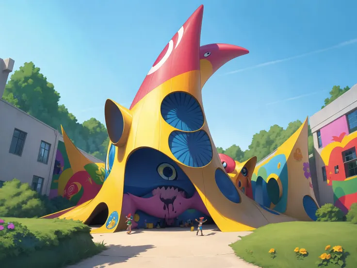 (masterpiece, best quality:1.1), (fairyland:1.2), no humans, whimsical, outdoors, art park, murals, installations, sculptures, creativity, vibrant murals, imaginative installations, captivating sculptures, artistic flair, inspiring atmosphere, sky