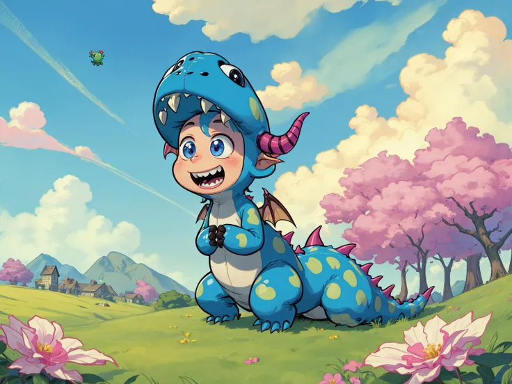 (masterpiece, best quality:1.15), (fairyland:1.2), duncan dragon, 1boy, male focus, teeth, open mouth, smile, horns, solo, cloud, outdoors, sky, grass, flower, plant