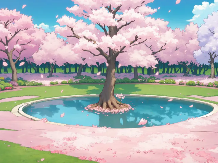 (masterpiece, best quality:1.1), (fairyland:1.2), no humans, outdoors, cherry blossoms, tree, pink, flowers, petals, falling petals, japanese garden, zen, sakura