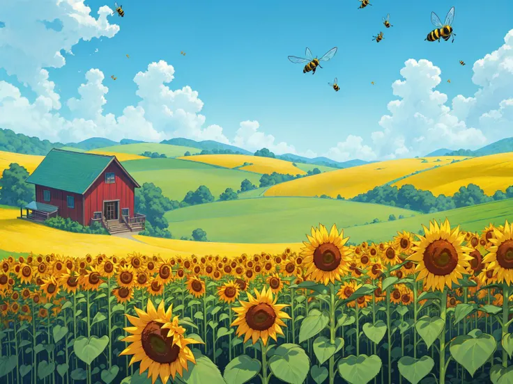 (masterpiece, best quality:1.1), (fairyland:1.2), no humans, whimsical, outdoors, sunflower field, flowers, yellow, sky, plant, bees, horizon, petal, farm stand, sky