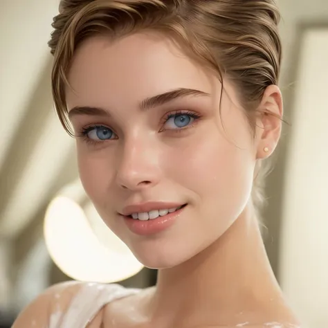 a close up of a woman with a white dress and blue eyes