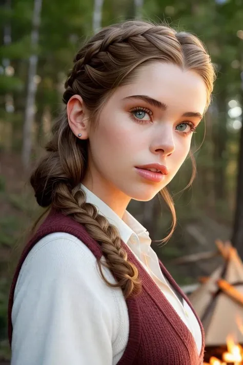 a woman with braid hair standing in front of a campfire