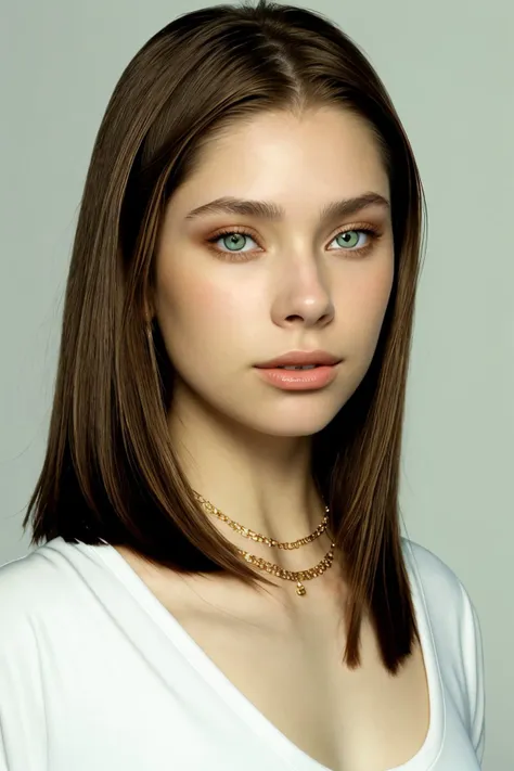 a woman with long hair and a white shirt posing for a picture