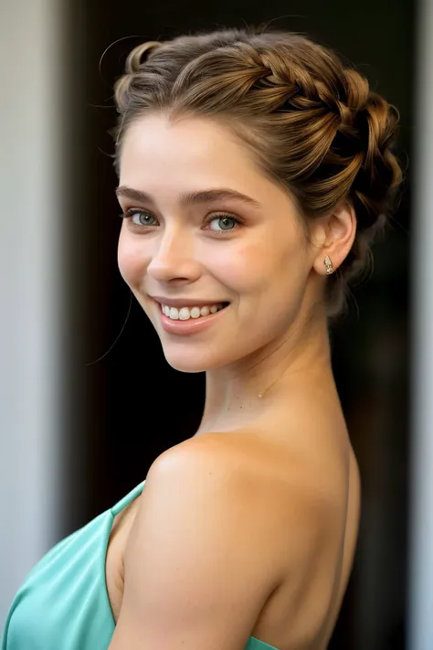 a close up of a woman with a braid updo smiling