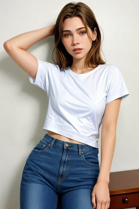 a woman in a white shirt and jeans leaning against a wall