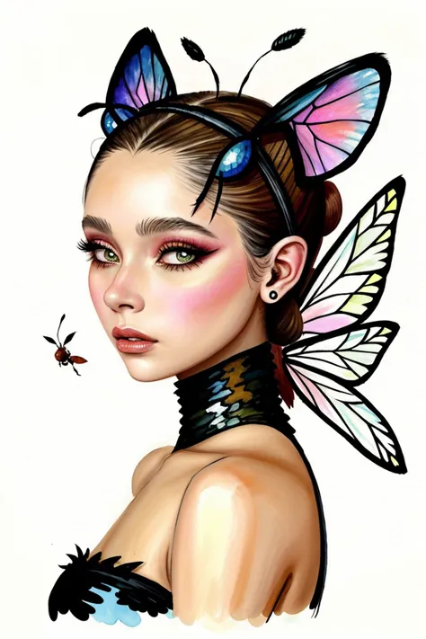 an extremely detailed, intricate watercolor painting of <lora:BrandyGordon_v2.1:.9> BrandyGordon wearing makeup and blush and eyeliner with ant antenna on her head, she has multifaceted eyes, she has insect wings for ears