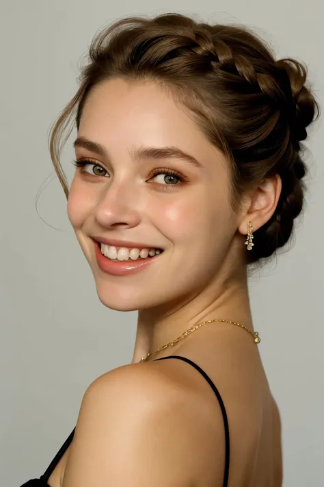 a close up of a woman with a necklace and a necklace on