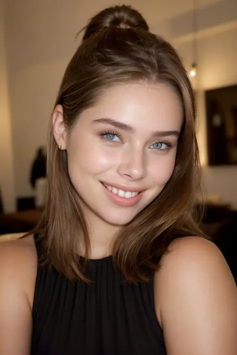 a close up of a woman with a black top and a smile