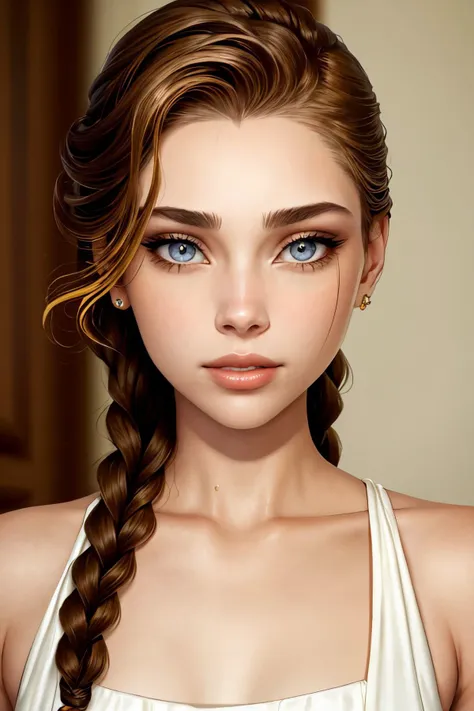 a woman with a braid braid and blue eyes is posing