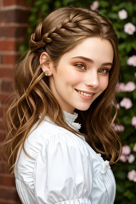 a close up of a woman with long hair and a smile