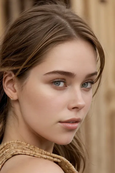 a close up of a woman with a braided hair and a necklace