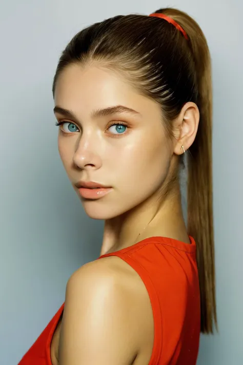 a woman with a ponytail in a red dress