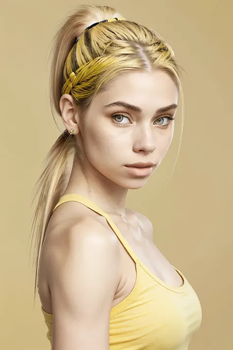 portrait photo of <lora:BrandyGordon_v2.1-000006:.9> BrandyGordon, focus on face, wearing a tshirt and jeans , her yellow white color hair is styled as banded ponytail,