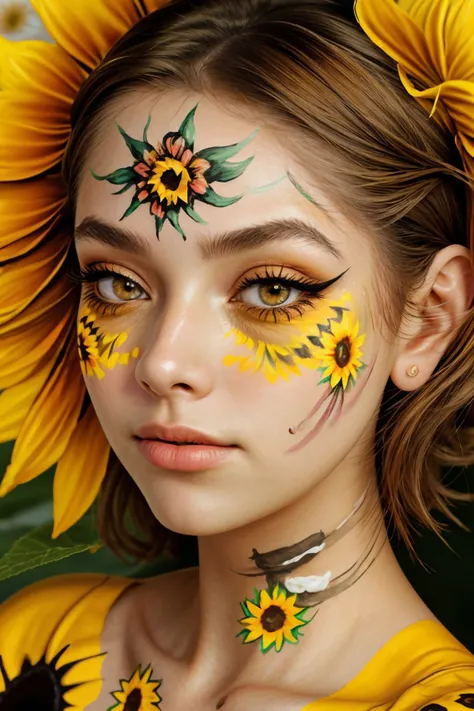 realistic photo of <lora:BrandyGordon_v2.1:.9> BrandyGordon wearing makeup and blush and eyeliner, close up on face, focus on eyes, (sunflower face paint:1.2)