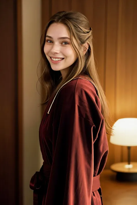 a close up of a woman in a robe smiling at the camera