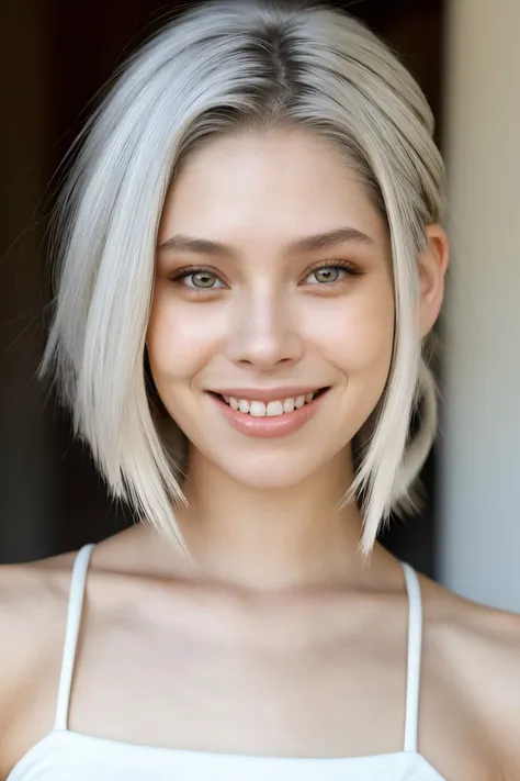 a woman with a white top and blonde hair smiling