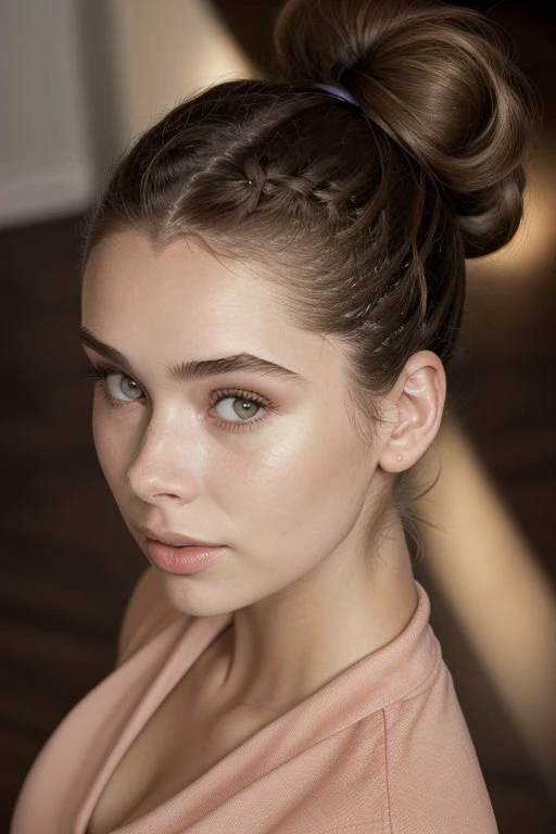 a woman with a messy bun in her hair looking at the camera