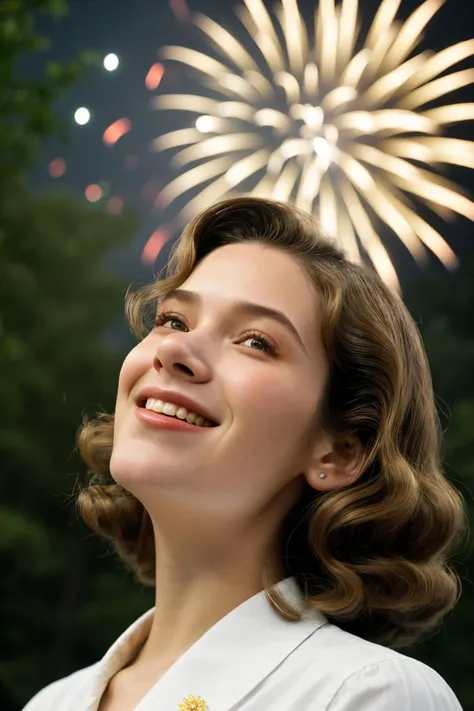 araffe woman with fireworks in the background and trees in the foreground