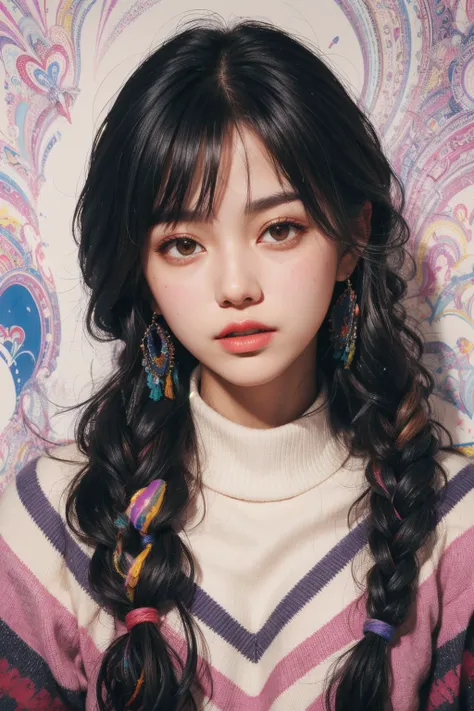 a woman with long black hair wearing a striped sweater and earrings