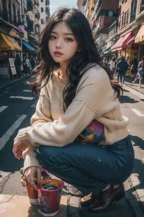 a woman squatting on a sidewalk with a cup of coffee