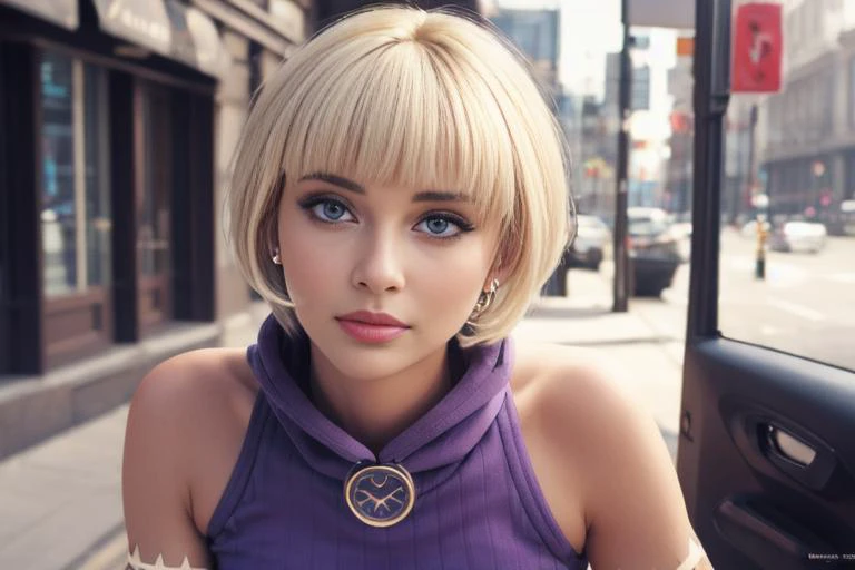 a close up of a woman with a purple top and a necklace