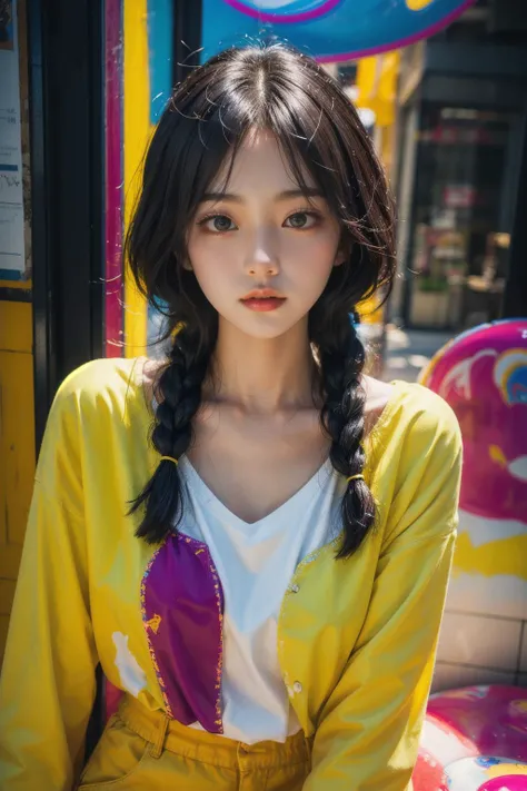 a woman with long black hair sitting on a bench in front of a carousel