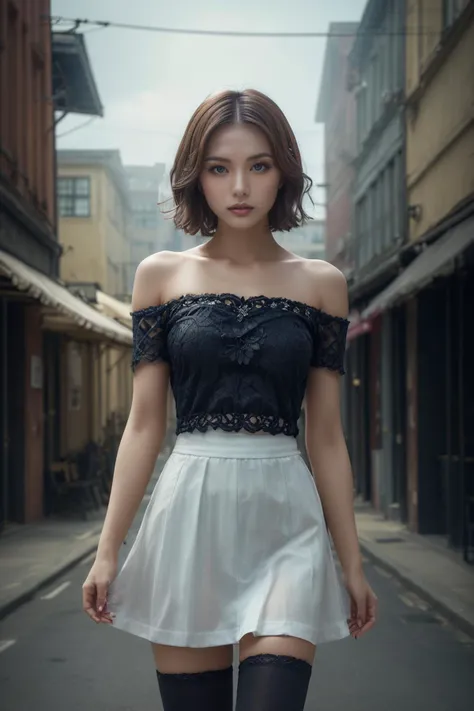 a woman in a black top and white skirt walking down a street