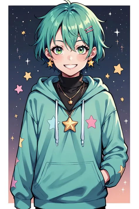 a cartoon image of a person with green hair and a hoodie