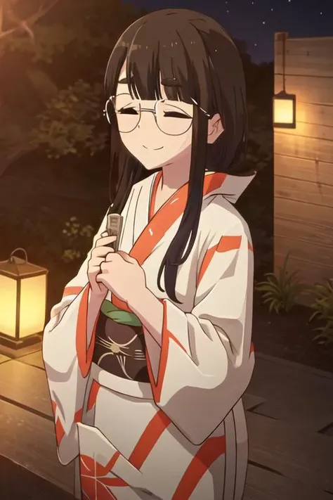 best quality, masterpiece, highres, solo, {yukata:1.40}, {kimono:1.20}, {toba_minami_yurucamp:1.15}, long_hair, bangs, closed_eyes, glasses, thick_eyebrows, black_hair, brown_hair, smile, closed_mouth