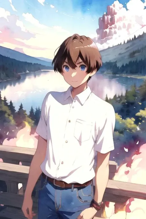 masterpiece, best quality, illustration, 1boy, solo, male focus, looking at viewer, , , (watercolor illustration, soft pastel colors:1.1), , <lora:makoto_isshiki:0.76>, makoto_isshiki, brown hair, blue eyes, , The Mountain of Fire, Blu-ray