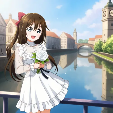 anime girl in white dress holding a bouquet of flowers by a river