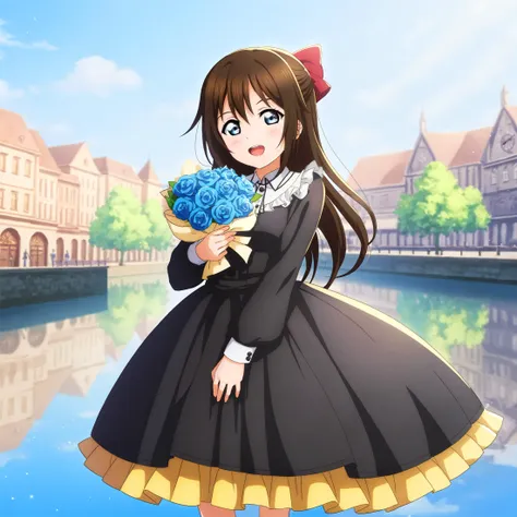 anime girl in black dress holding blue flowers by river